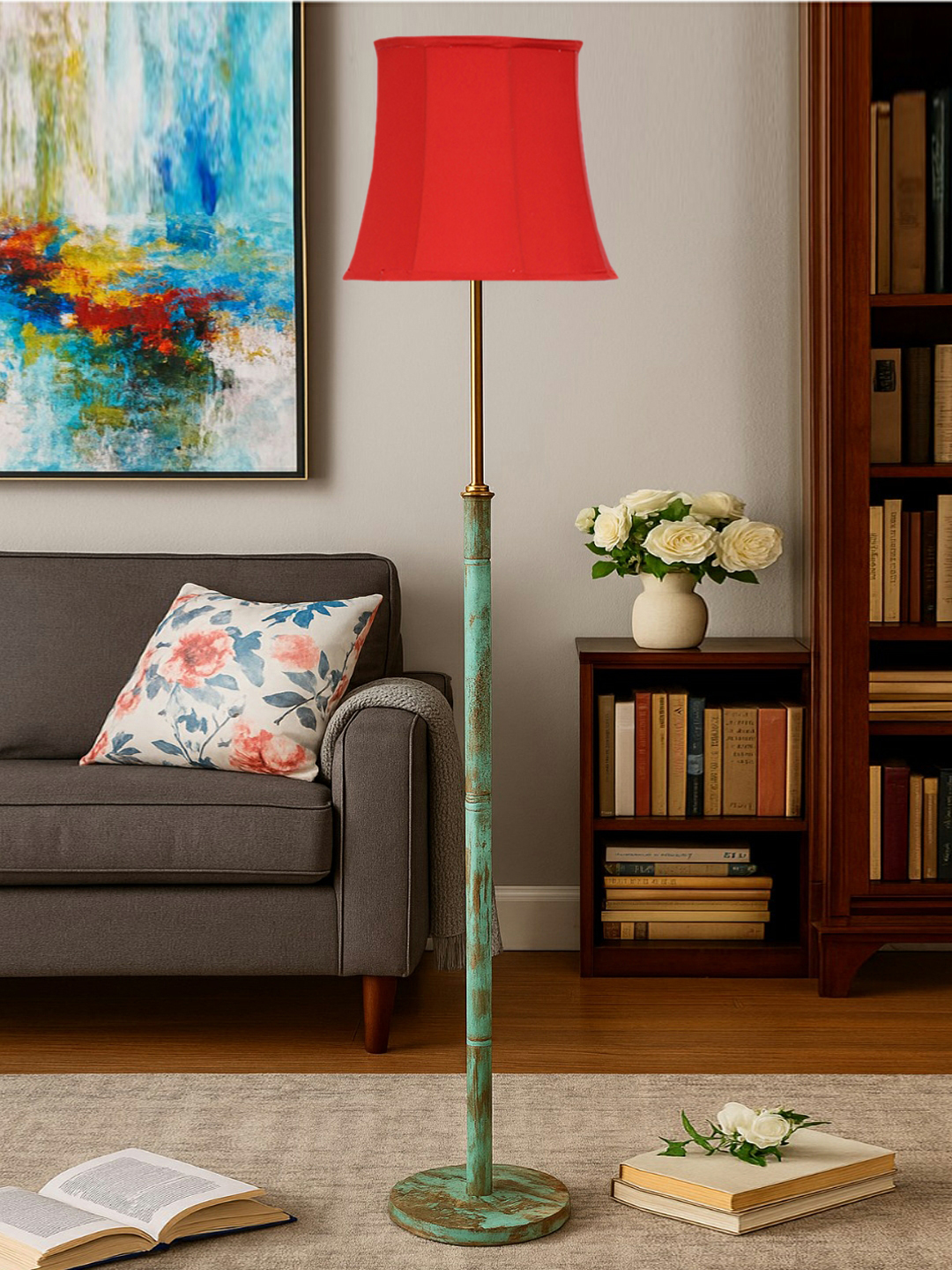 Ambika Home Red Shade Premium Floor Lamp for Living Room, Bedroom & Hallway | Decorative Standing Light | E27 Holder Included Bulb
