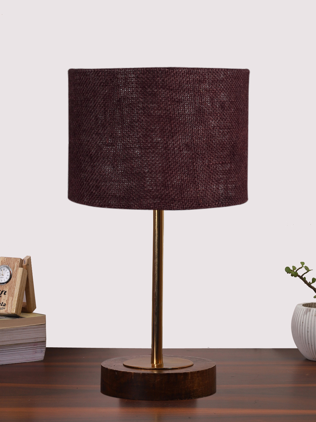 Ambika Home Luxury Premium Devansh Brown Jute table lamp with Brown wood Base & Golden finish Metal (7X17 inches)-17 Lamp with Brown Shade for Living Room, Bedroom & Hallway
