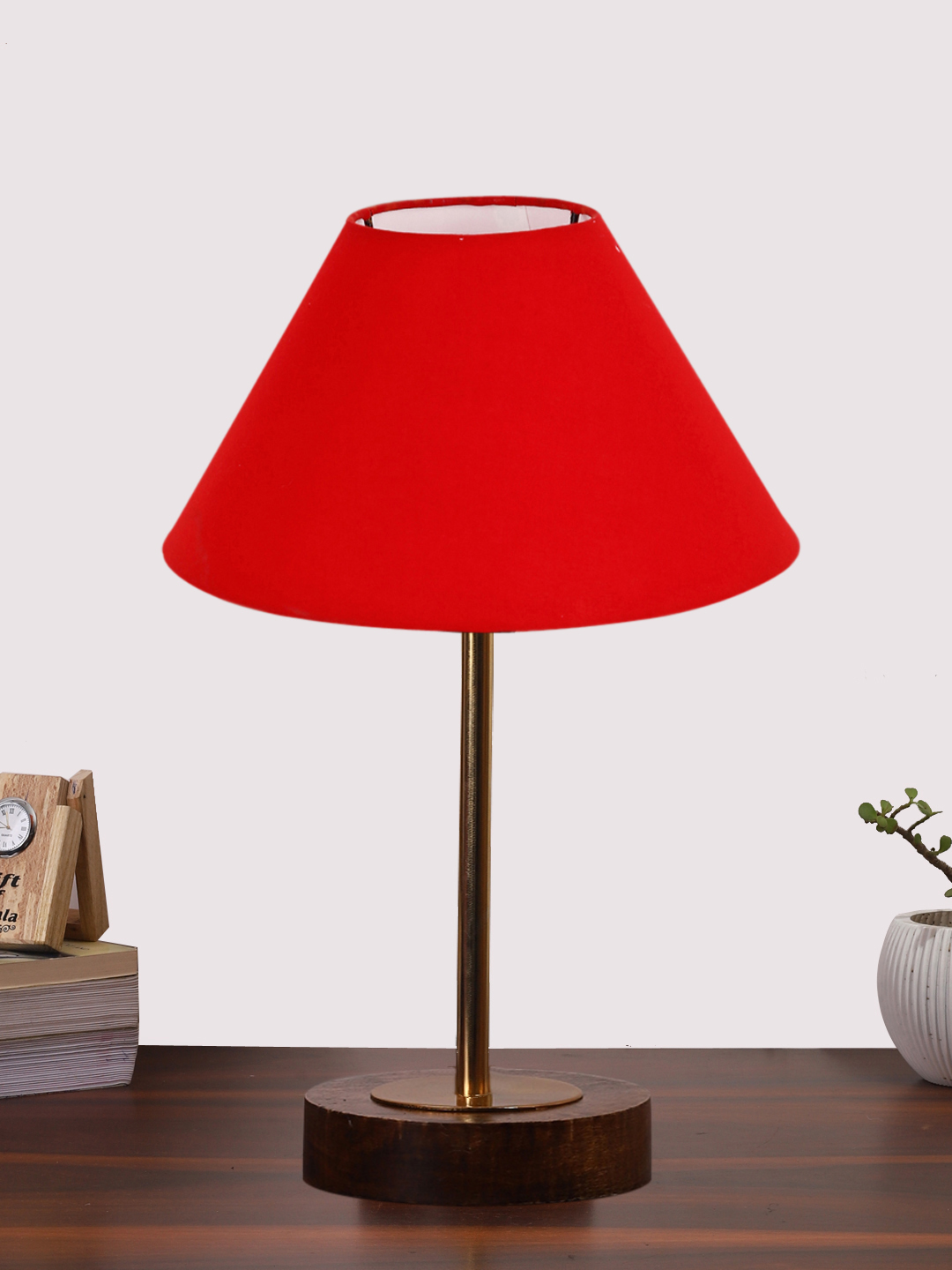 Ambika Home Luxury Premium Devansh Red cotton table lamp with Brown wood Base & Golden finish Metal (10X16.25 inches)-29 Lamp with Red Shade for Living Room, Bedroom & Hallway
