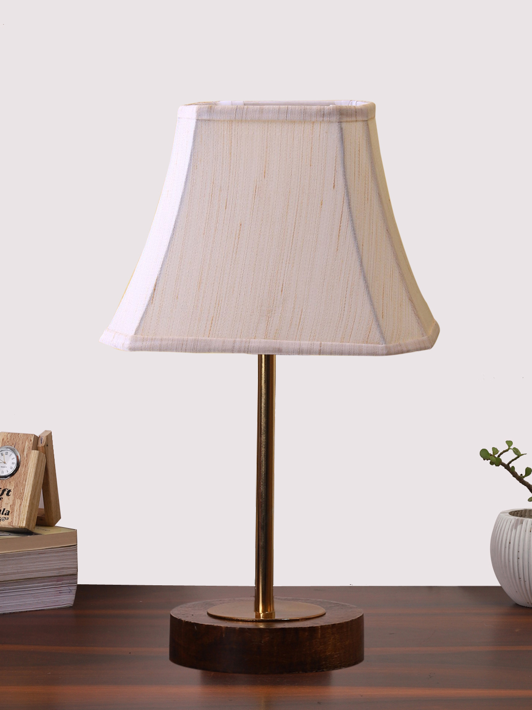 Ambika Home Luxury Premium Devansh Off-white cotton Vintage lamp with Brown wood Base & Golden finish Metal (12x8x19.25) Lamp with Off-white Shade for Living Room, Bedroom & Hallway