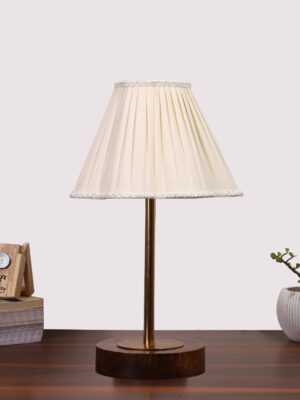 Ambika Home Luxury Premium Devansh Off-white cotton Vintage  lamp with Brown wood Base  & Golden finish Metal  (12x17.75) Lamp with off-white Shade for Living Room, Bedroom & Hallway