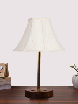 Ambika Home Luxury Premium Devansh Off-white cotton Vintage  lamp with Brown wood Base  & Golden finish Metal  (12x17.75) Lamp with off-white Shade for Living Room, Bedroom & Hallway