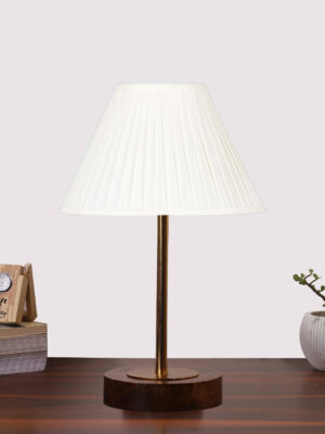 Ambika Home Luxury Premium Devansh Off-white cotton Vintage Straight Pleated lamp with Brown wood Base & Golden finish Metal (12x19) Lamp with off-white Shade for Living Room, Bedroom & Hallway