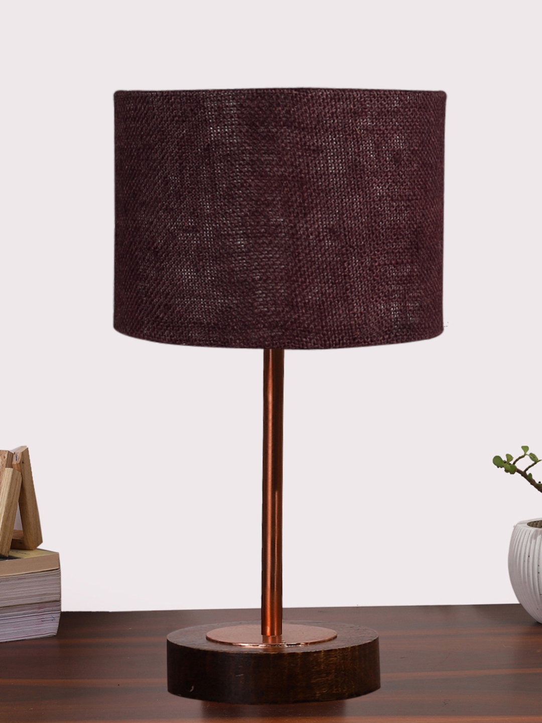 Ambika Home Luxury Premium Devansh Brown Jute table lamp with Brown wood Base & Copper finish Metal (7X17 inches)-17 Lamp with Brown Shade for Living Room, Bedroom & Hallway