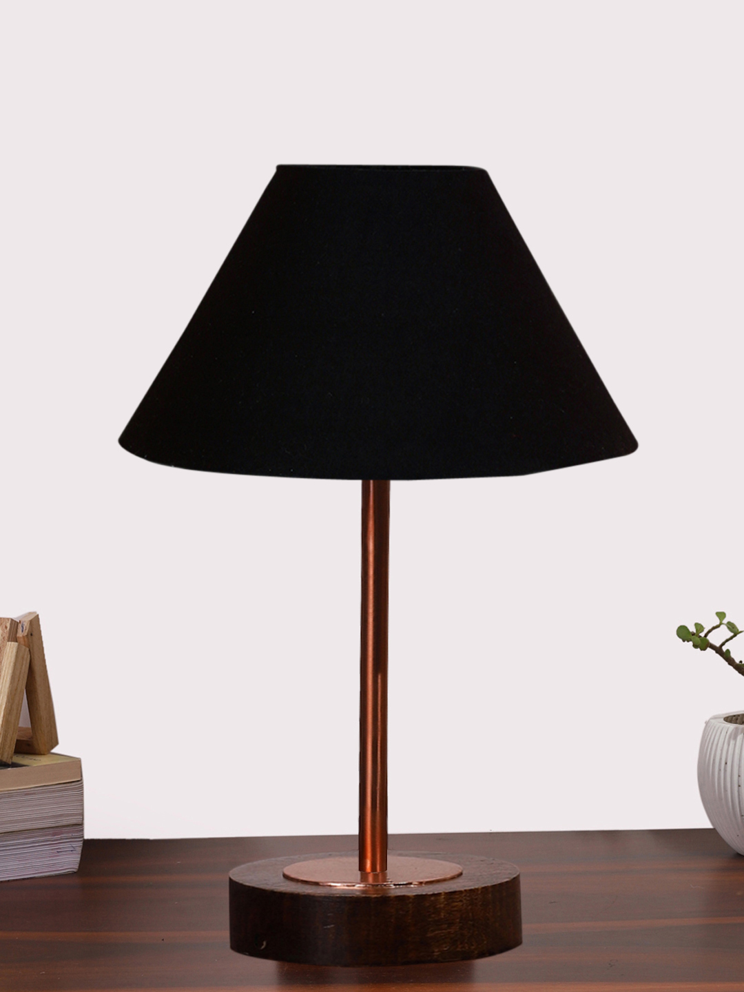 Ambika Home Luxury Premium Devansh Black cotton table lamp with Brown wood Base & Copper finish Metal (10X16.25 inches)-28 Lamp with Black Shade for Living Room, Bedroom & Hallway