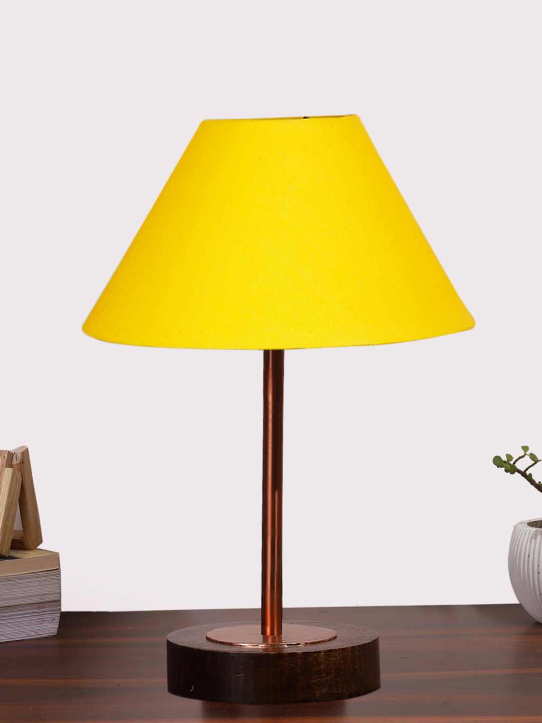 Ambika Home Luxury Premium Devansh Yellow cotton table lamp with Brown wood Base & Copper finish Metal (10X16.25 inches)-31 Lamp with Yellow Shade for Living Room, Bedroom & Hallway