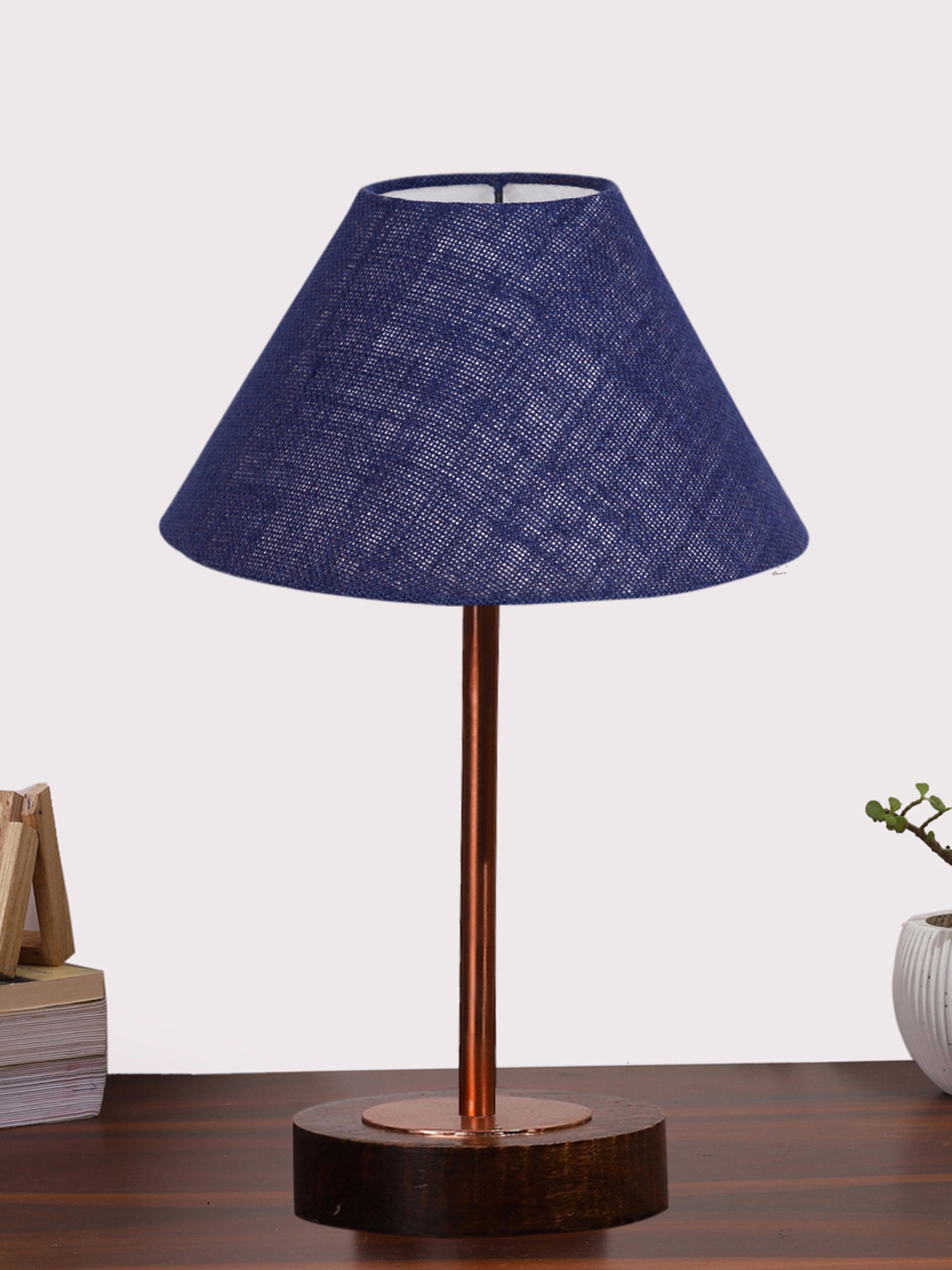 Ambika Home Luxury Premium Devansh Blue Jute table lamp with Brown wood Base & Copper finish Metal (10X16.25 inches)-37 Lamp with Blue Shade for Living Room, Bedroom & Hallway