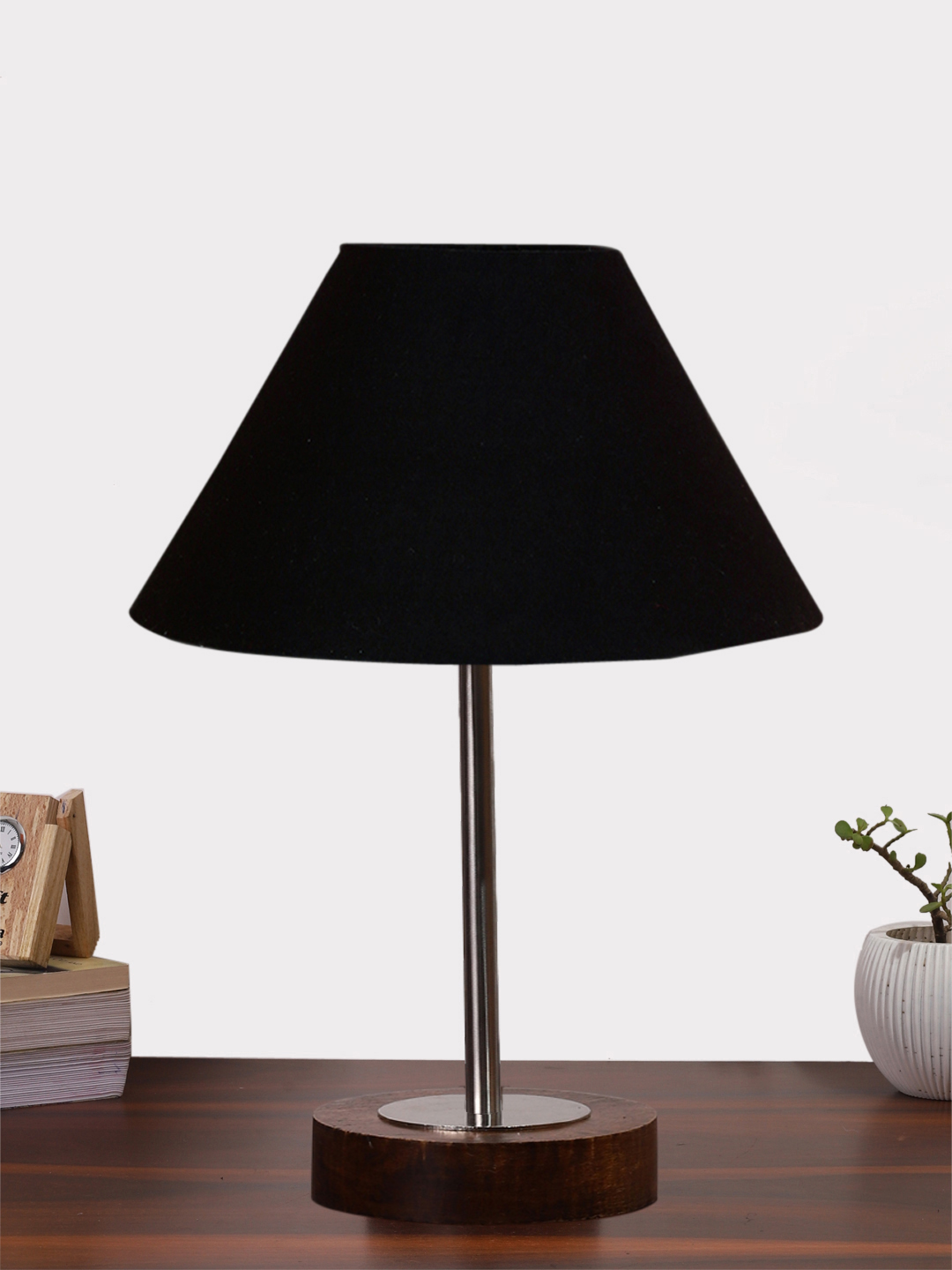 Ambika Home Luxury Premium Devansh Black cotton table lamp with Brown wood Base & Steel Pipe (10X16.25 inches)-28 Lamp with Black Shade for Living Room, Bedroom & Hallway