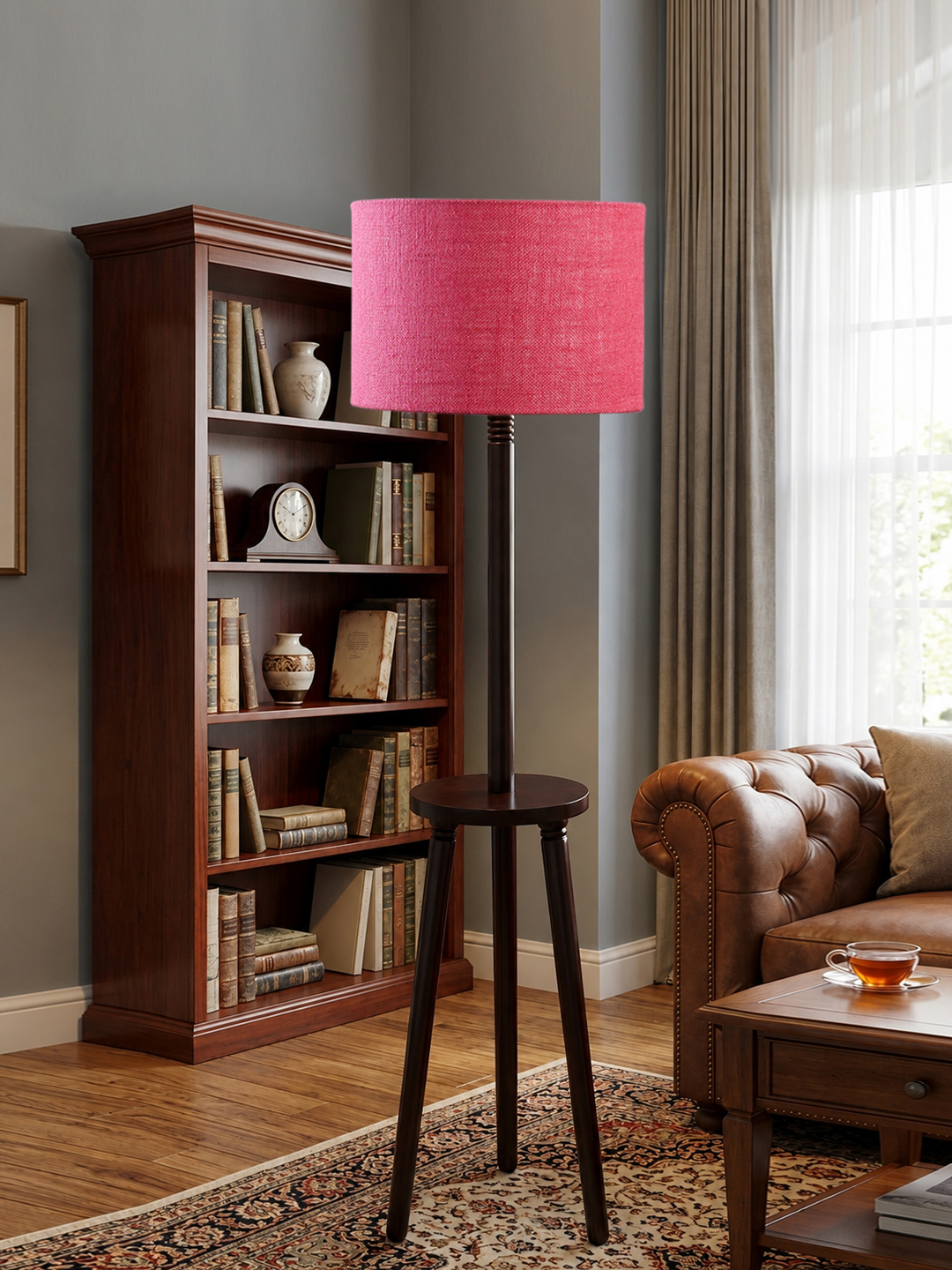 Premium Pink Jute Shade Floor Lamp with Wooden Shelf Stand for Living Room, Bedroom & Reading Corner | Modern Decorative Standing Lamp | Solid Wood Base | Elegant Home Lighting