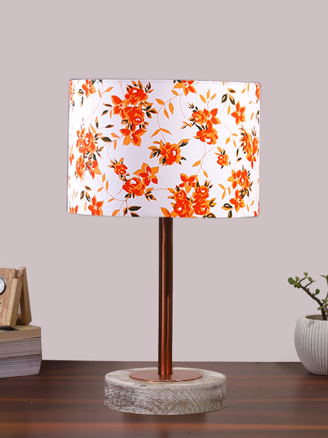 Ambika Home Luxury Premium Devansh Multicolor cotton table lamp with White Brushed Wood Base & Copper finish Metal (7X17 inches)-14 Lamp with Multicolor Shade for Living Room, Bedroom & Hallway