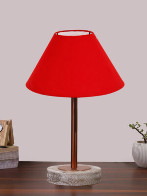 Ambika Home Luxury Premium Devansh Red cotton table lamp with  White Brushed Wood Base  & Copper finish Metal (10X16.25 inches)-29 Lamp with Red Shade for Living Room, Bedroom & Hallway