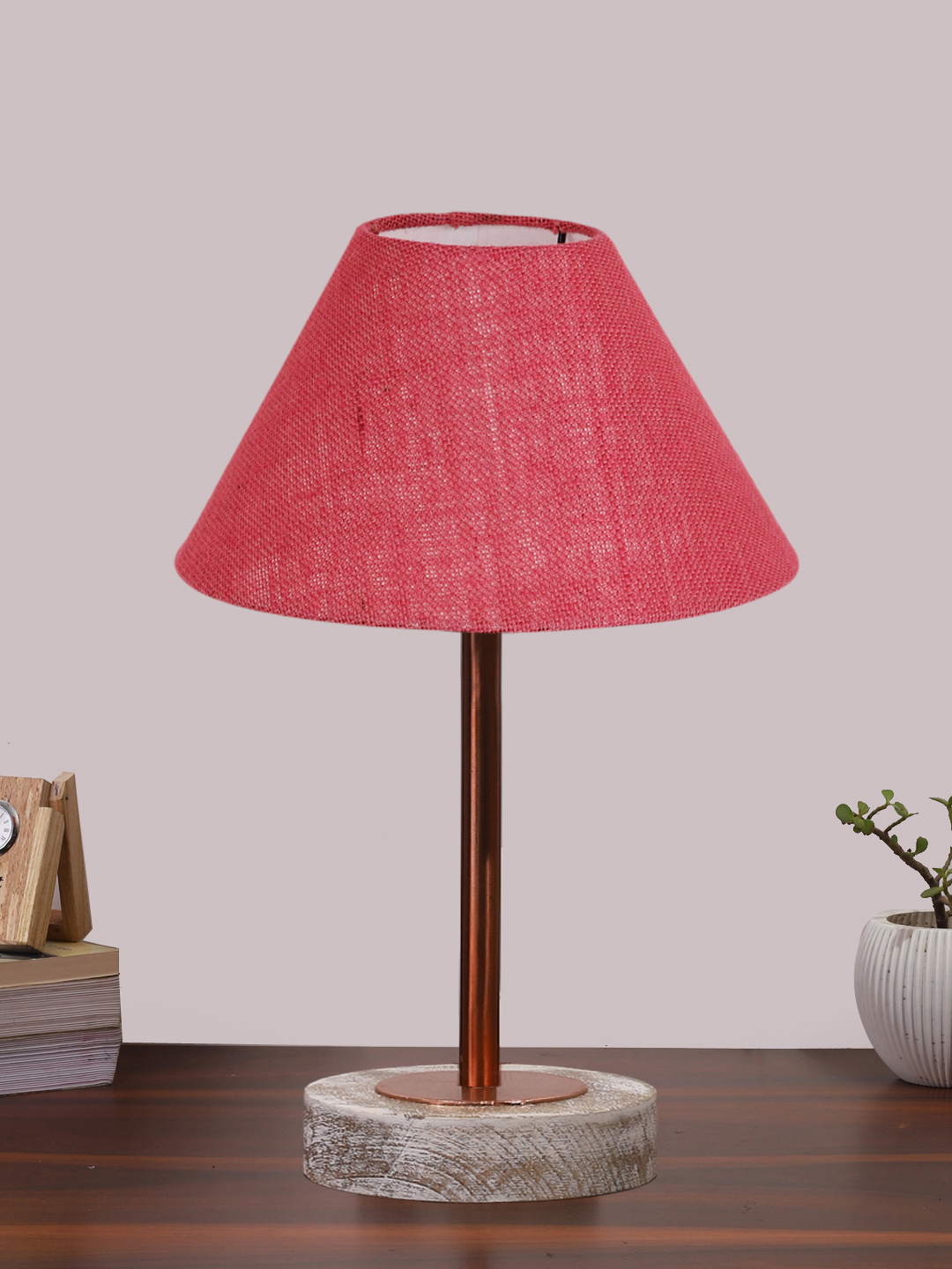 Ambika Home Luxury Premium Devansh Pink Jute table lamp with White Brushed Wood Base & Copper finish Metal (10X16.25 inches)-35 Lamp with Pink Shade for Living Room, Bedroom & Hallway