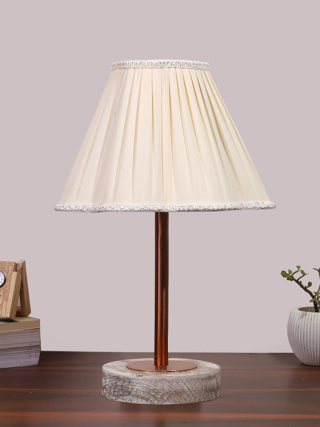 Ambika Home Luxury Premium Devansh Off-white cotton Vintage lamp with White Brushed Wood Base & Copper finish Metal (12x17.75) Lamp with off-white Shade for Living Room, Bedroom & Hallway