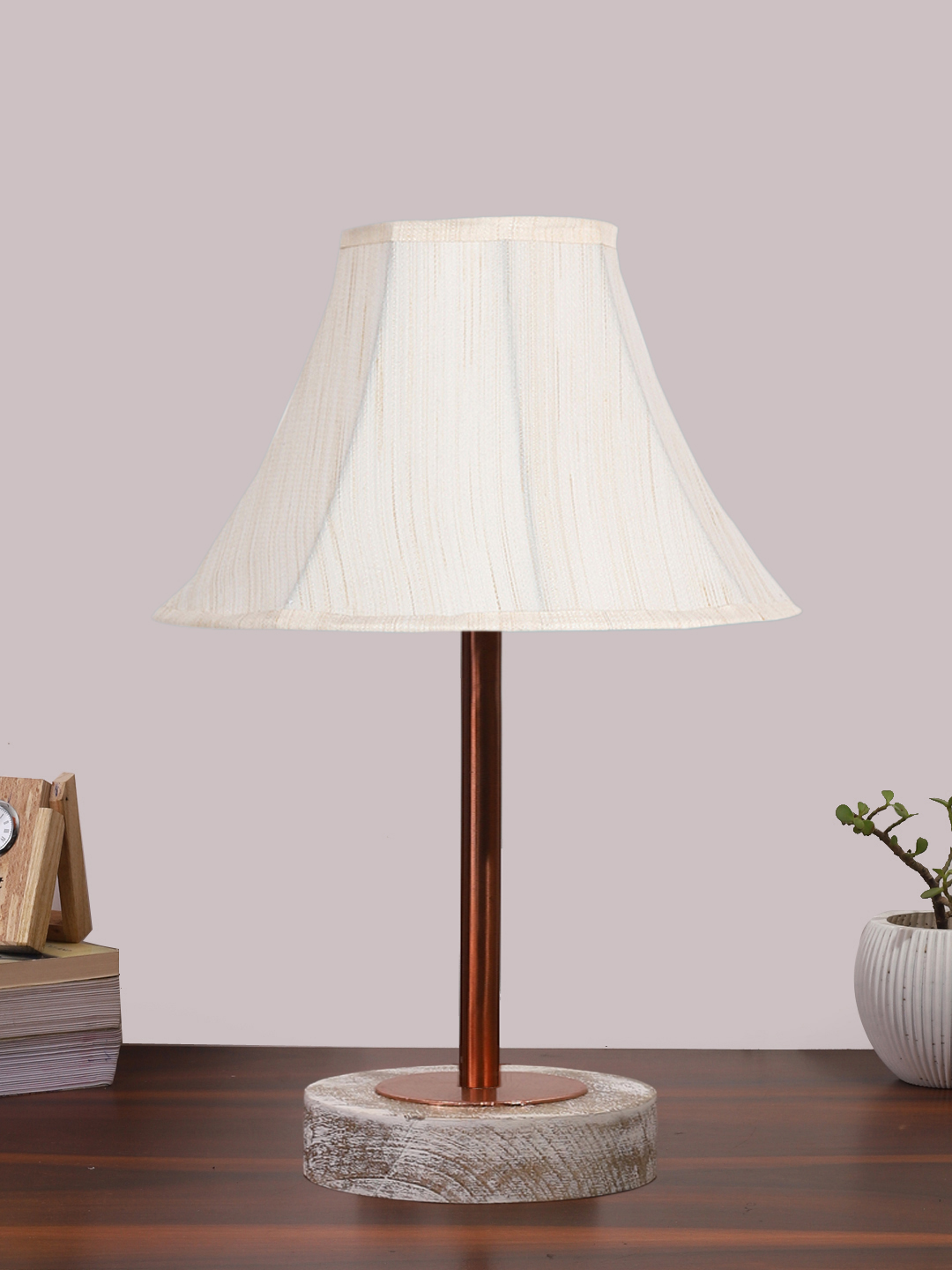 Ambika Home Luxury Premium Devansh Off-white cotton Vintage lamp with White Brushed Wood Base & Copper finish Metal (12x17.75) Lamp with off-white Shade for Living Room, Bedroom & Hallway