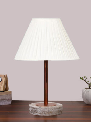 Ambika Home Luxury Premium Devansh Off-white cotton Vintage Straight Pleated   lamp with White Brushed Wood Base  & Copper finish Metal  (12x19) Lamp with off-white Shade for Living Room, Bedroom & Hallway