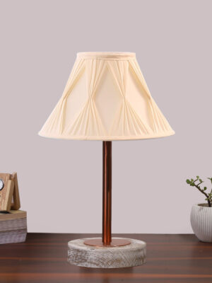 Ambika Home Luxury Premium Devansh Off-white cotton Vintage Curtain Pleated   lamp with White Brushed Wood Base  & Copper finish Metal  (12x17.75) Lamp with off-white Shade for Living Room, Bedroom & Hallway