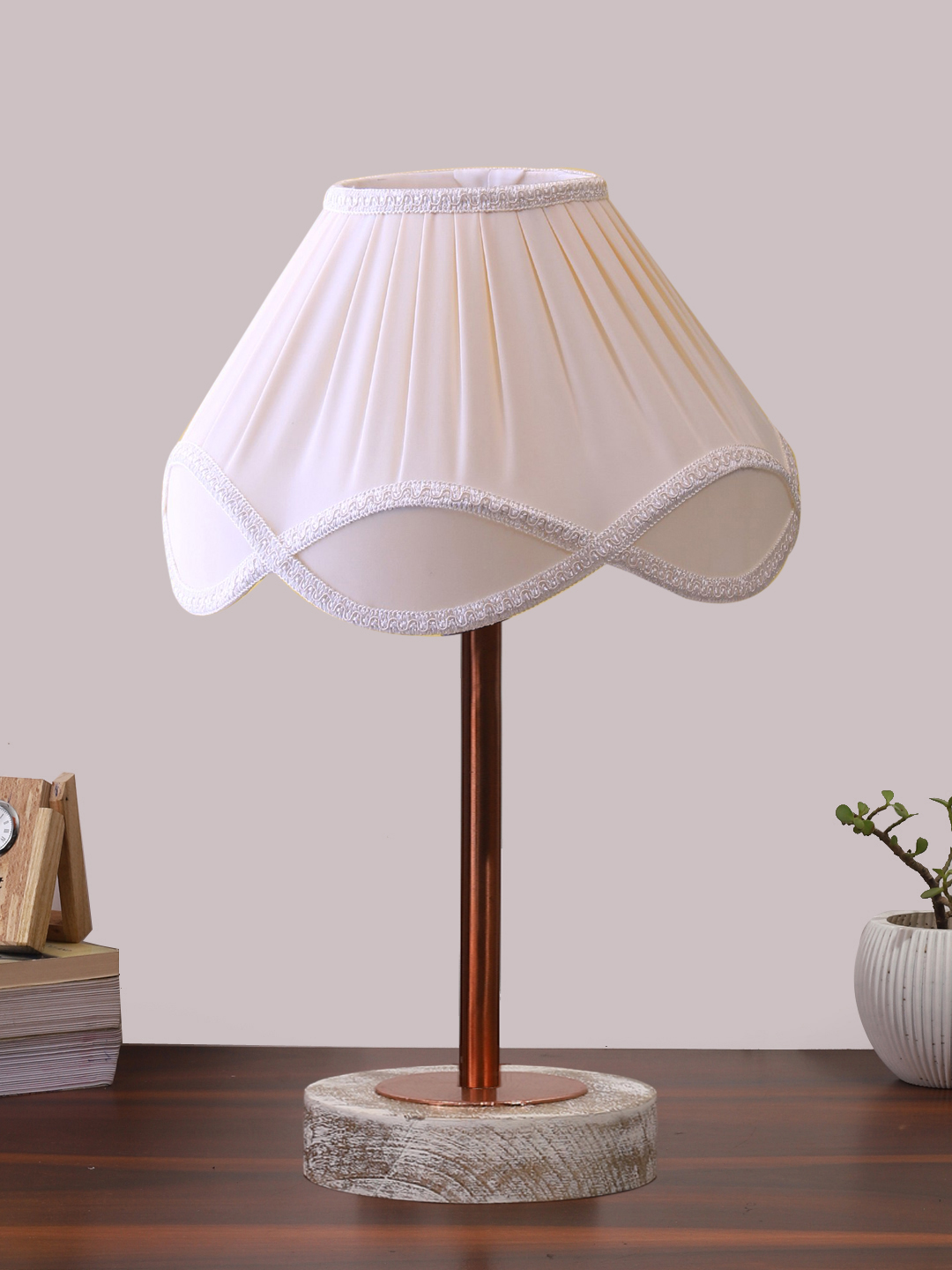 Ambika Home Luxury Premium Devansh Off-white cotton Vintage lamp with White Brushed Wood Base & Copper finish Metal (12x19.25) Lamp with off-white Shade for Living Room, Bedroom & Hallway