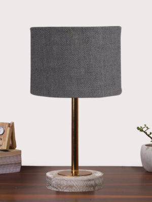Ambika Home Luxury Premium Devansh Grey Jute   table lamp with  White Brushed Wood Base  & Steel Pipe (7X17 inches)-17 Lamp with Grey Shade for Living Room, Bedroom & Hallway