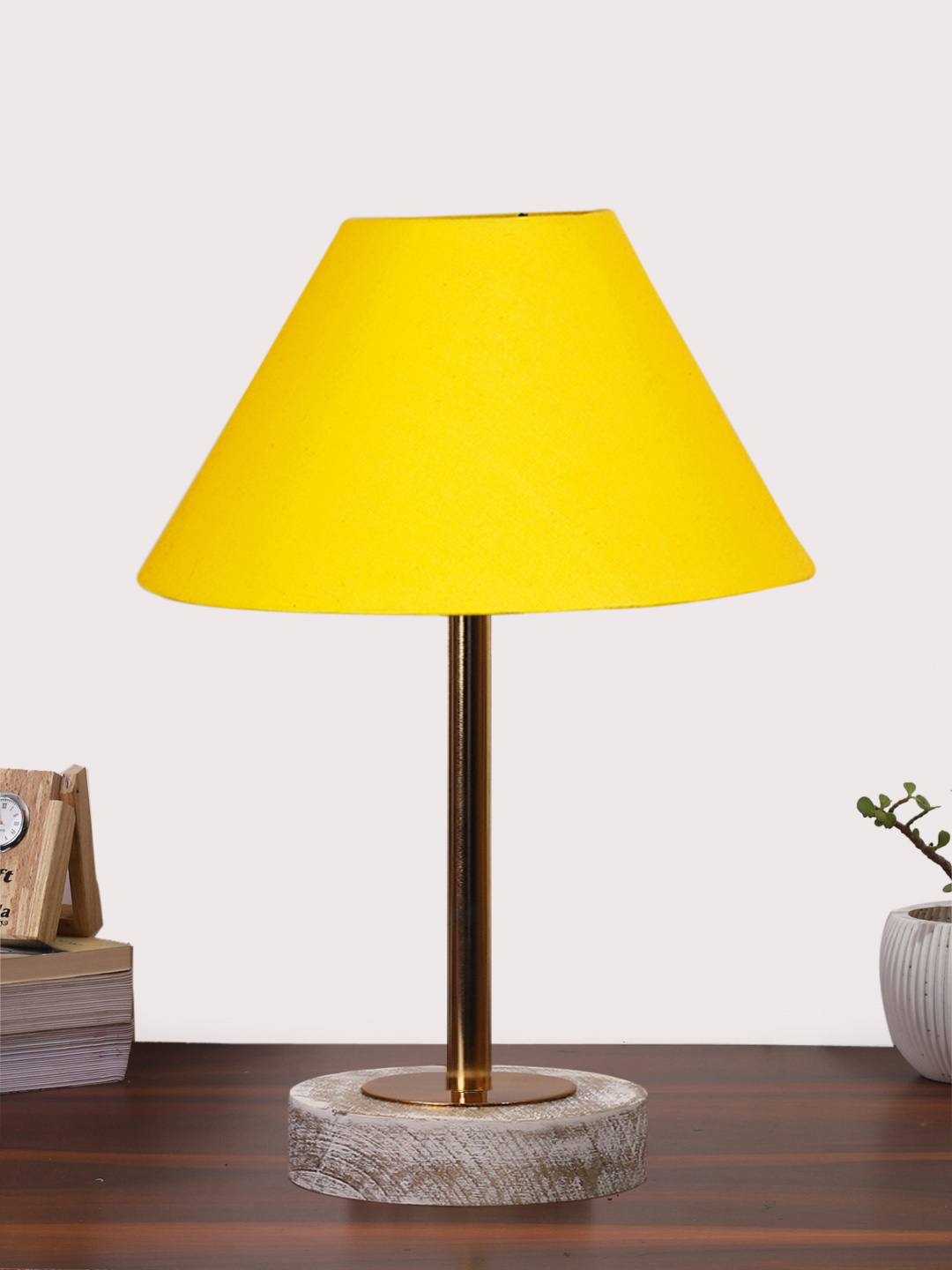 Ambika Home Luxury Premium Devansh Yellow cotton table lamp with White Brushed Wood Base & Steel Pipe (10X16.25 inches)-31 Lamp with Yellow Shade for Living Room, Bedroom & Hallway