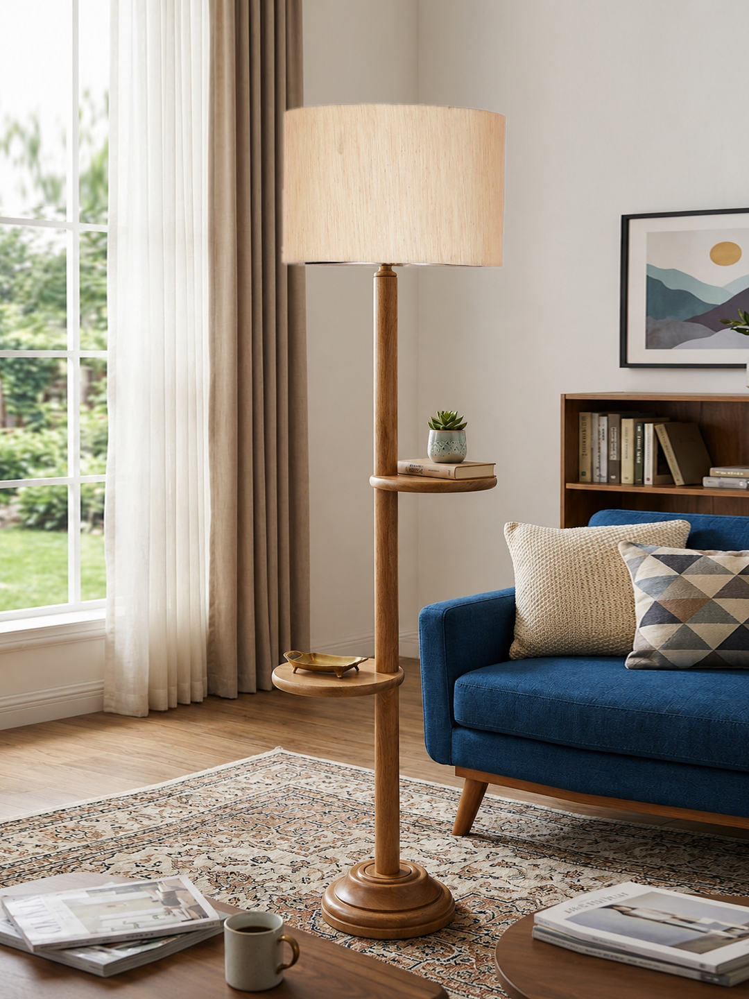 Ambika Home off-white cotton Drum shade with Double Shelf floor Lamp Modern Floor Lamp | Off-white Cotton Shade, Wood Base | Luxury Living Room, Bedroom & Home Decor Lighting