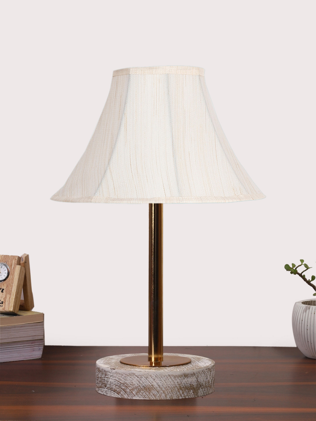 Ambika Home Luxury Premium Devansh Off-white cotton Vintage lamp with White Brushed Wood Base & Steel Pipe (12x17.75) Lamp with off-white Shade for Living Room, Bedroom & Hallway