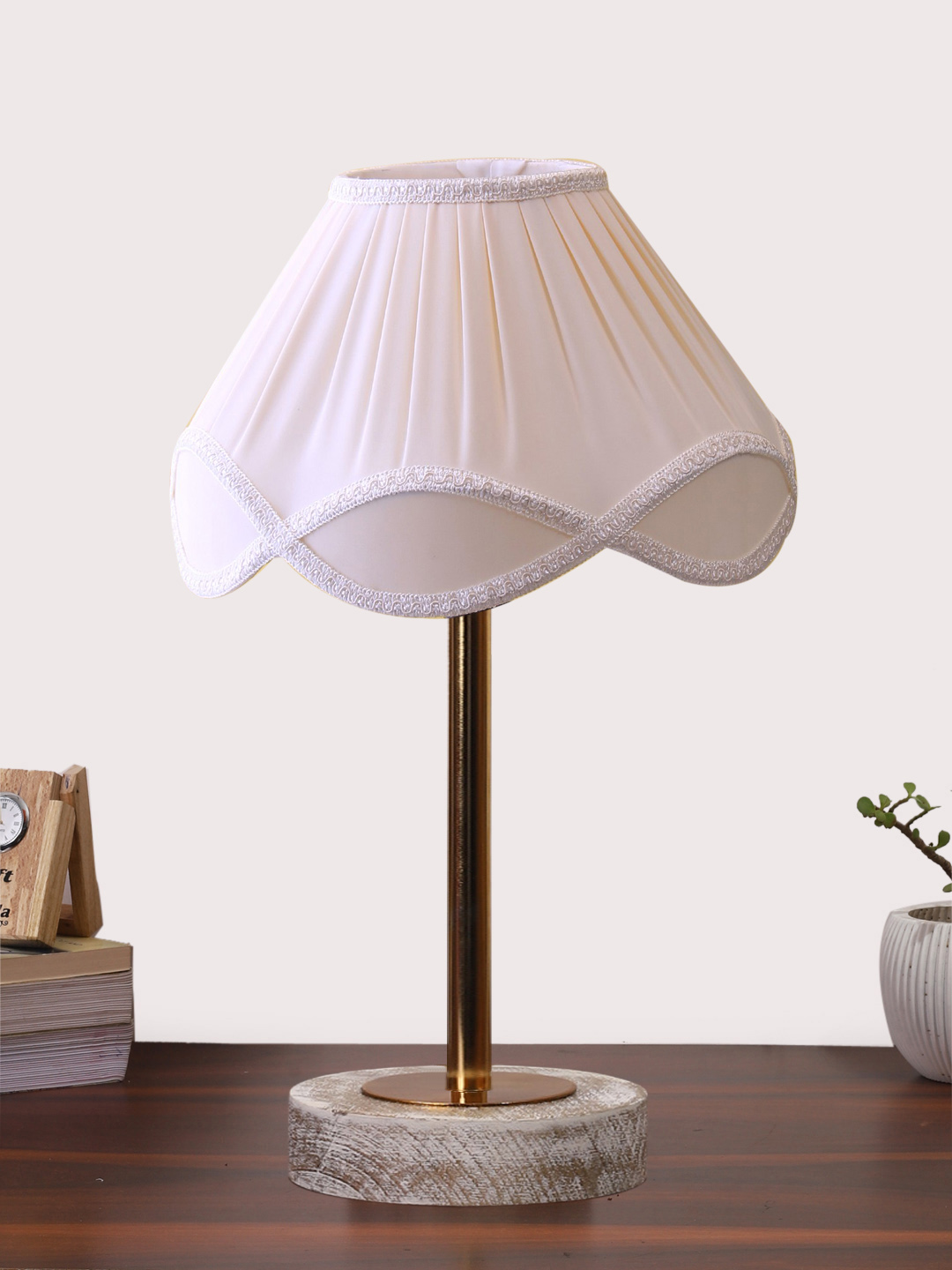 Ambika Home Luxury Premium Devansh Off-white cotton Vintage lamp with White Brushed Wood Base & Steel Pipe (12x19.25) Lamp with off-white Shade for Living Room, Bedroom & Hallway