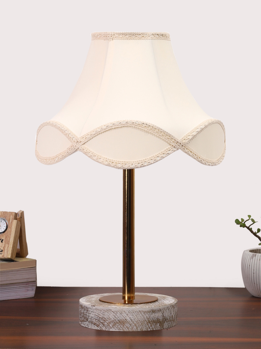 Ambika Home Luxury Premium Devansh Off-white cotton Vintage lamp with White Brushed Wood Base & Steel Pipe (12x19.25) Lamp with off-white Shade for Living Room, Bedroom & Hallway