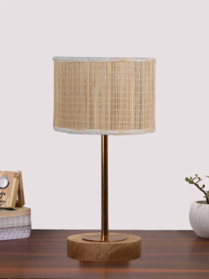 Ambika Home Luxury Premium Devansh Bamboo table lamp with Natural  Wood Base  & Golden Pipe  -(7X17 inches)-1 Lamp with Beige Shade for Living Room, Bedroom & Hallway