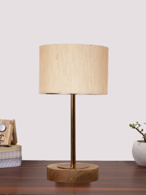 Ambika Home Luxury Premium Devansh off white cotton table lamp with  Natural  Wood Base  & Golden Pipe  (7X17 inches)-2 Lamp with off-white Shade for Living Room, Bedroom & Hallway