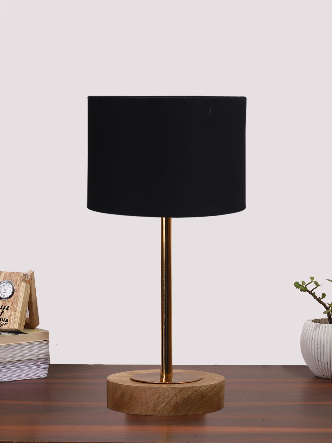 Ambika Home Luxury Premium Devansh Black cotton table lamp with Natural Wood Base & Golden Pipe (7X17 inches)-3 Lamp with Black Shade for Living Room, Bedroom & Hallway