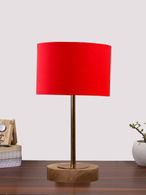 Ambika Home Luxury Premium Devansh Red cotton table lamp with  Natural  Wood Base  & Golden Pipe (7X17 inches)-4 Lamp with Red Shade for Living Room, Bedroom & Hallway