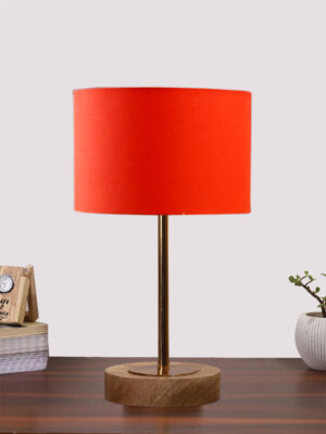 Ambika Home Luxury Premium Devansh Orange cotton table lamp with  Natural  Wood Base  & Golden Pipe (7X17 inches)-5 Lamp with Orange Shade for Living Room, Bedroom & Hallway