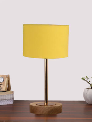 Ambika Home Luxury Premium Devansh Yellow cotton table lamp with  Natural  Wood Base  & Golden Pipe (7X17 inches)-6 Lamp with Yellow Shade for Living Room, Bedroom & Hallway