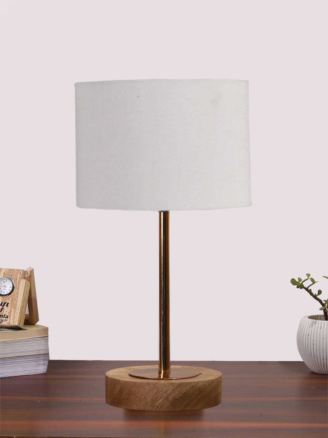Ambika Home Luxury Premium Devansh Grey cotton table lamp with Natural Wood Base & Golden Pipe (7X17 inches)-7 Lamp with Grey Shade for Living Room, Bedroom & Hallway