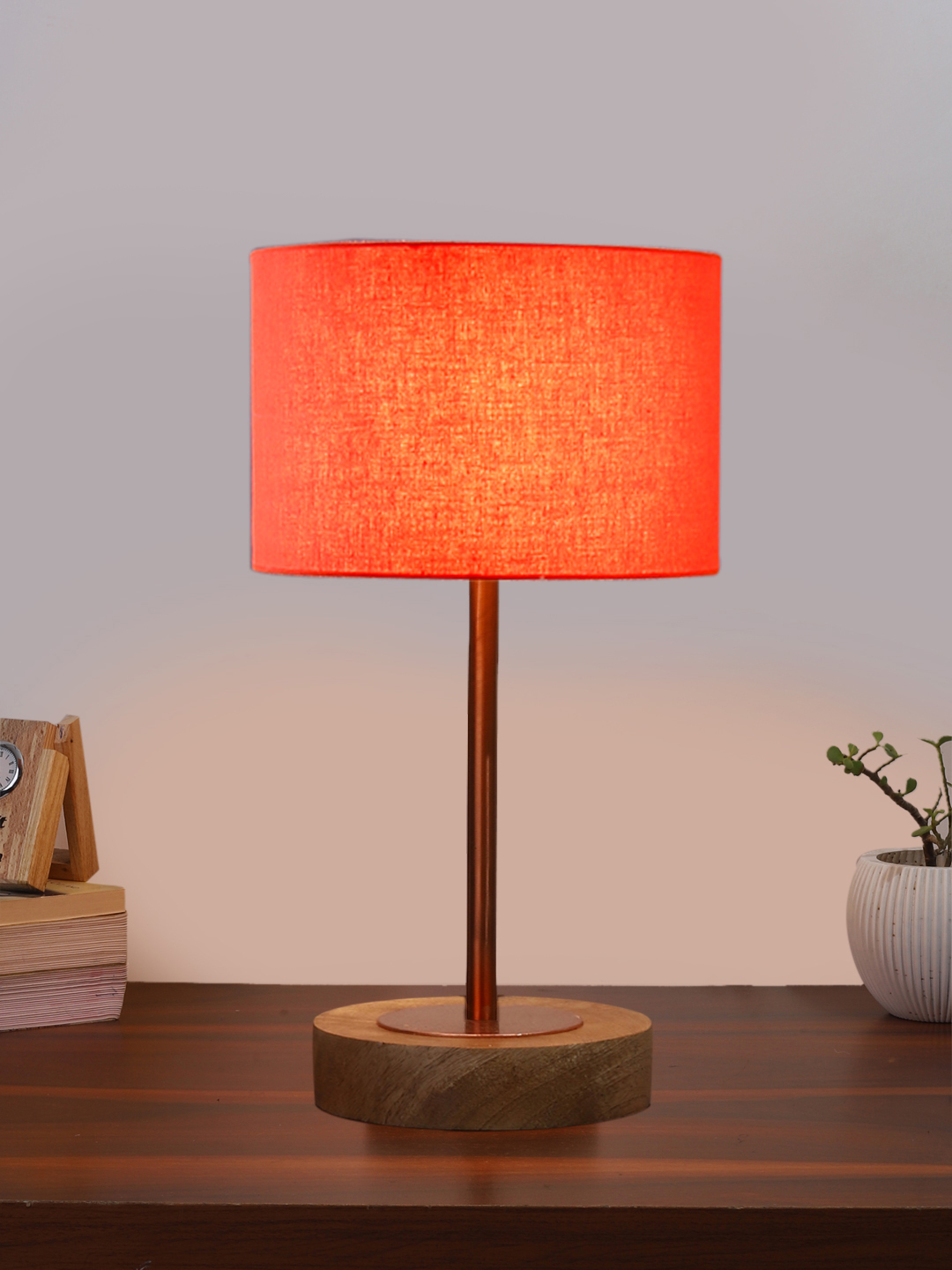 Ambika Home Luxury Premium Devansh Orange cotton table lamp with Natural Wood Base & Copper Pipe (7X17 inches)-5 Lamp with Orange Shade for Living Room, Bedroom & Hallway - Image 2