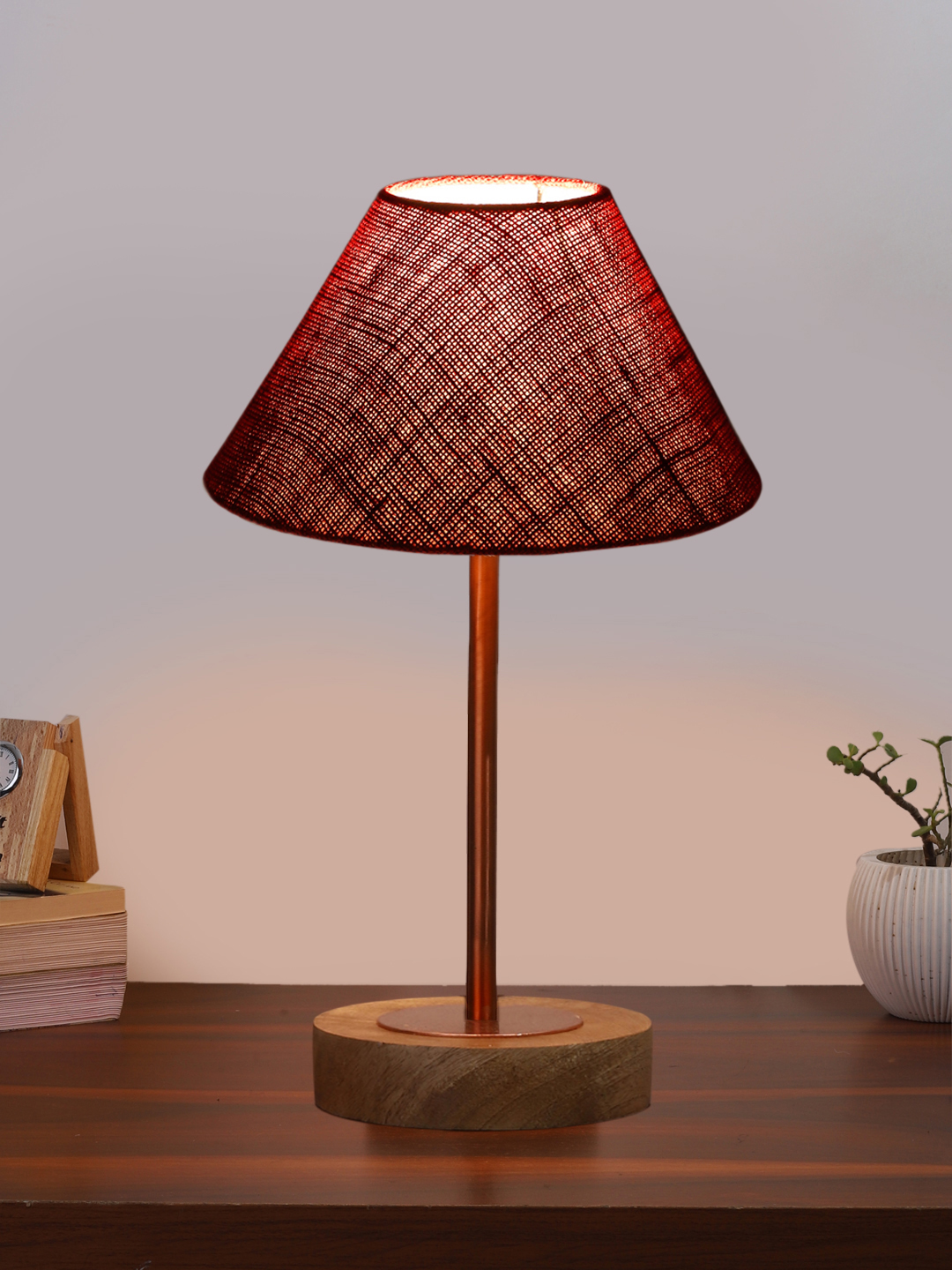 Ambika Home Luxury Premium Devansh Maroon Jute table lamp with g Natural Wood Base & Copper Pipe (10X16.25 inches)-36 Lamp with Maroon Shade for Living Room, Bedroom & Hallway - Image 2