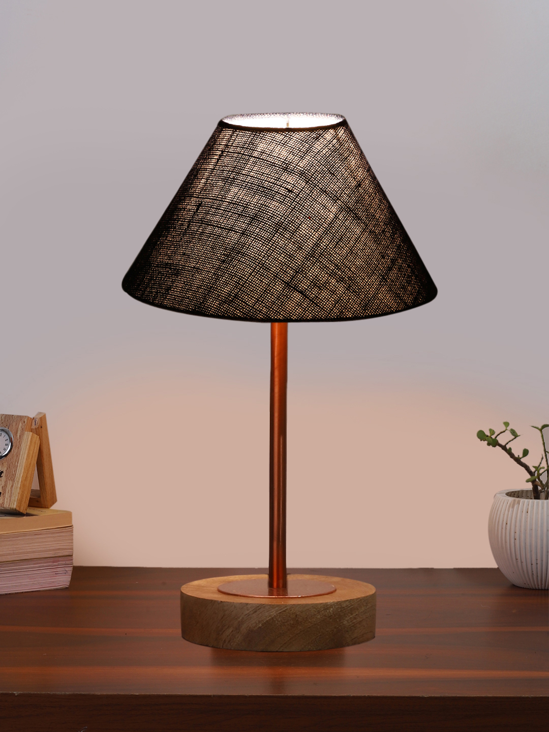 Ambika Home Luxury Premium Devansh Blue Jute table lamp with Natural Wood Base & Copper Pipe (10X16.25 inches)-37 Lamp with Blue Shade for Living Room, Bedroom & Hallway - Image 2