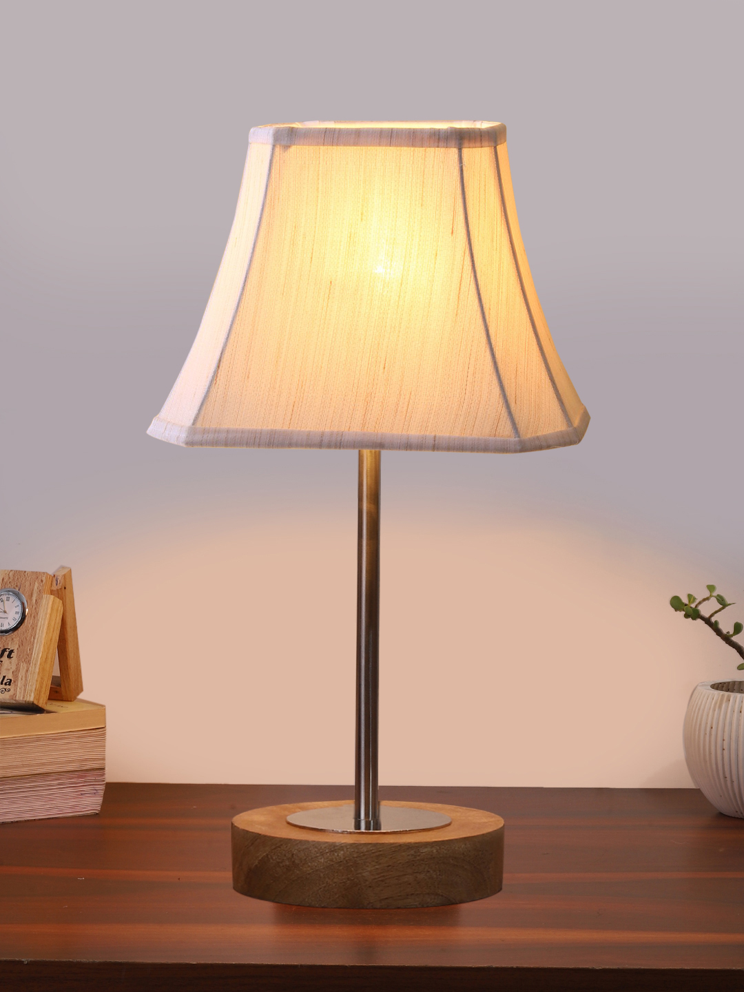 Ambika Home Luxury Premium Devansh Off-white cotton Vintage Curtain Pleated lamp with Natural Wood Base & Steel Pipe (12x17.75) Lamp with off-white Shade for Living Room, Bedroom & Hallway - Image 2