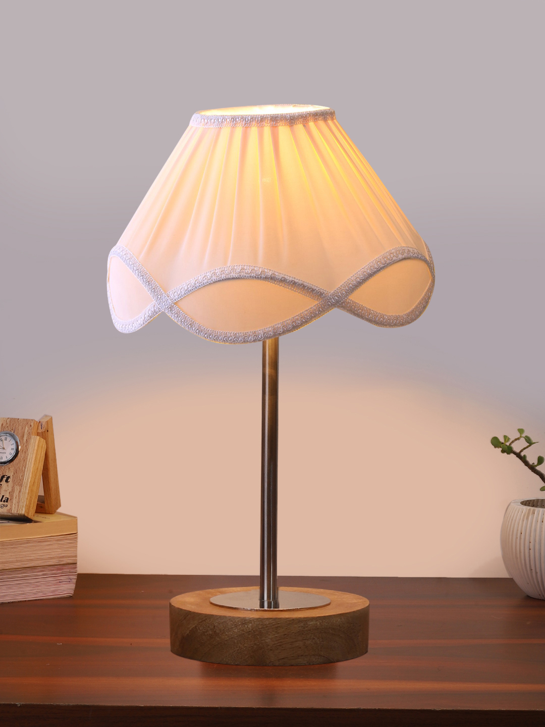 Ambika Home Luxury Premium Devansh Off-white cotton Vintage lamp with Natural Wood Base & Steel Pipe (12x19.25) Lamp with off-white Shade for Living Room, Bedroom & Hallway - Image 7