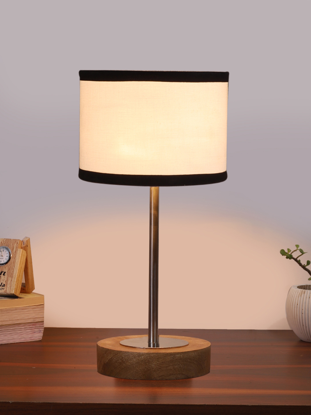 Ambika Home Luxury Premium Devansh Multicolor cotton table lamp with Natural Wood Base & Steel Pipe (7X17 inches)-8 Lamp with Multicolor Shade for Living Room, Bedroom & Hallway - Image 2