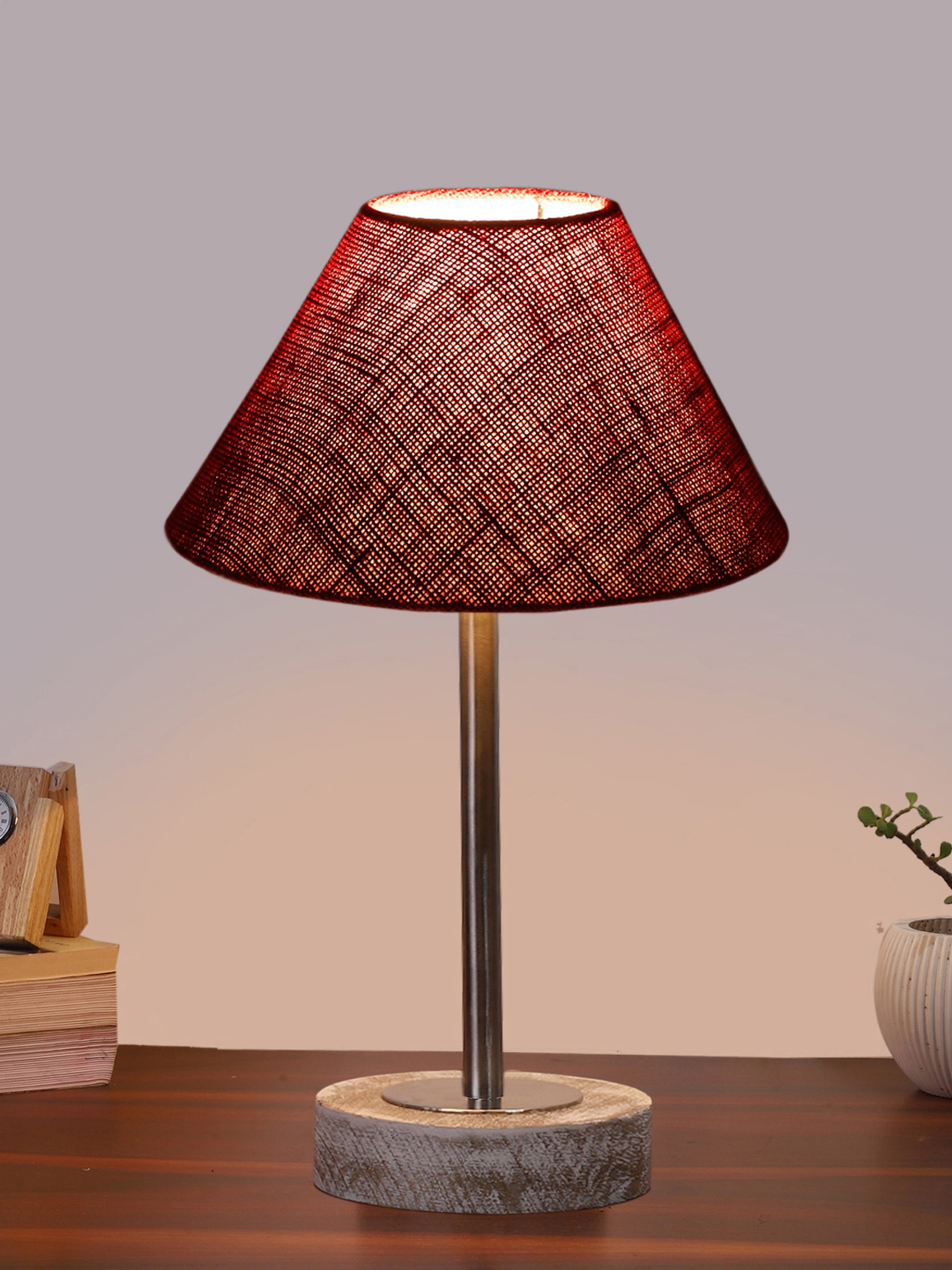 Ambika Home Luxury Premium Devansh Maroon Jute table lamp with g White Brushed Wood Base & Golden finish Metal (10X16.25 inches)-36 Lamp with Maroon Shade for Living Room, Bedroom & Hallway - Image 2