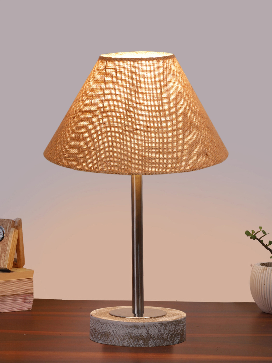 Ambika Home Luxury Premium Devansh Beige Jute table lamp with Black White Brushed Wood Base & Golden finish Metal & Golden finish Metal (10X16.25 inches)-34 Lamp with Beige Shade for Living Room, Bedroom & Hallway - Image 2