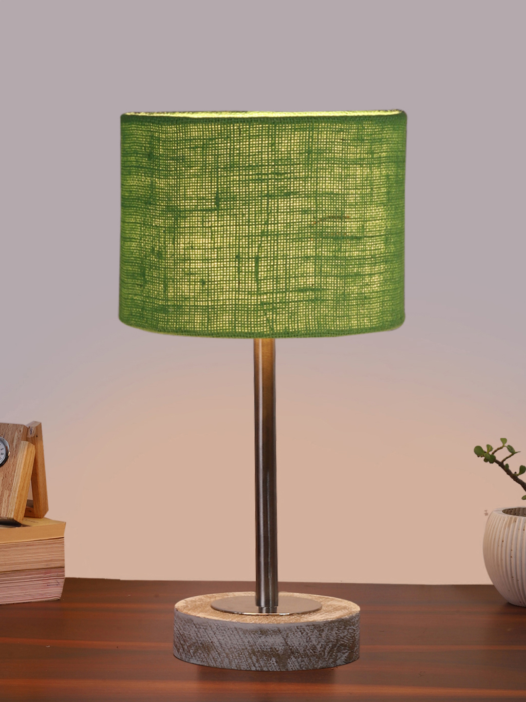 Ambika Home Luxury Premium Devansh Green Jute table lamp with White Brushed Wood Base & Golden finish Metal (7X17 inches)-17 Lamp with Green Shade for Living Room, Bedroom & Hallway - Image 2