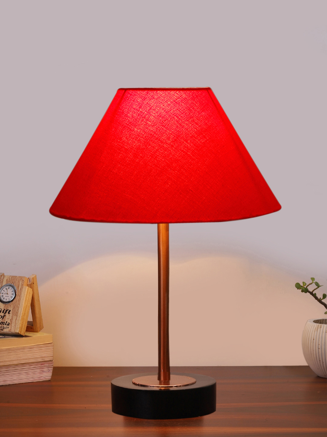 Ambika Home Luxury Premium Devansh Red cotton table lamp with Black wood base & Copper finish Metal (10X16.25 inches)-29 Lamp with Red Shade for Living Room, Bedroom & Hallway - Image 2
