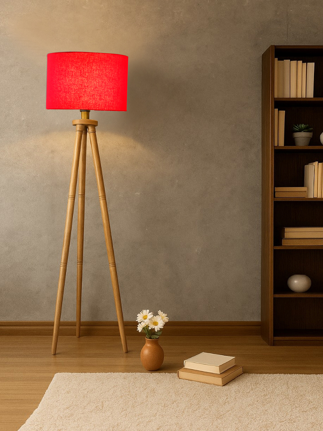 Ambika Home Modern Red Natural Tripod Standing Lamp for Bedroom, Lounge & Reading Corner | E27 Holder Included Bulb - Image 2