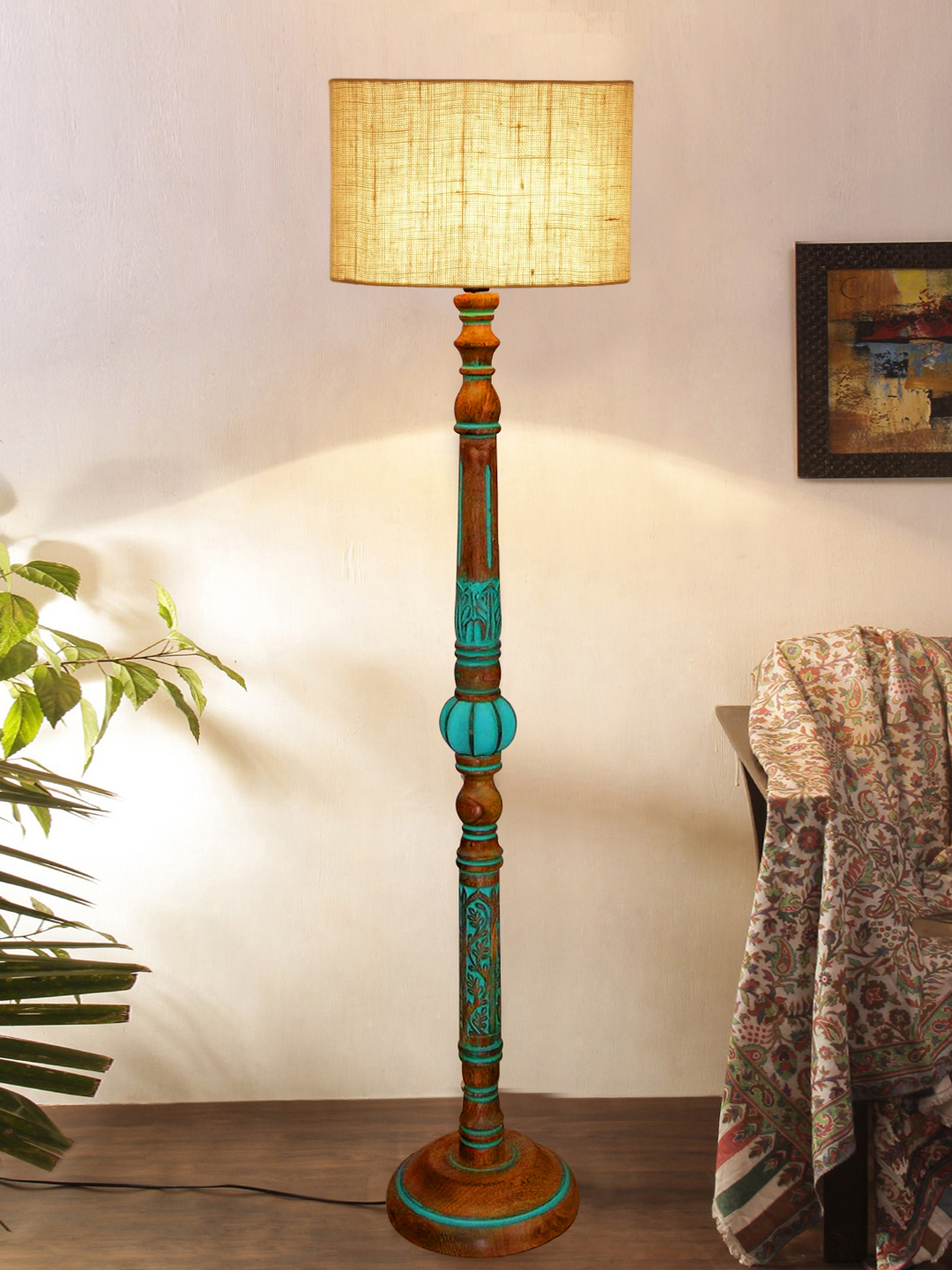 Ambika Home White Shade Wooden Floor Lamp for Living Room, Bedroom & Hallway | Modern Wood Standing Lamp | B22 Holder | Hotel & Guest Room Decor - Image 2