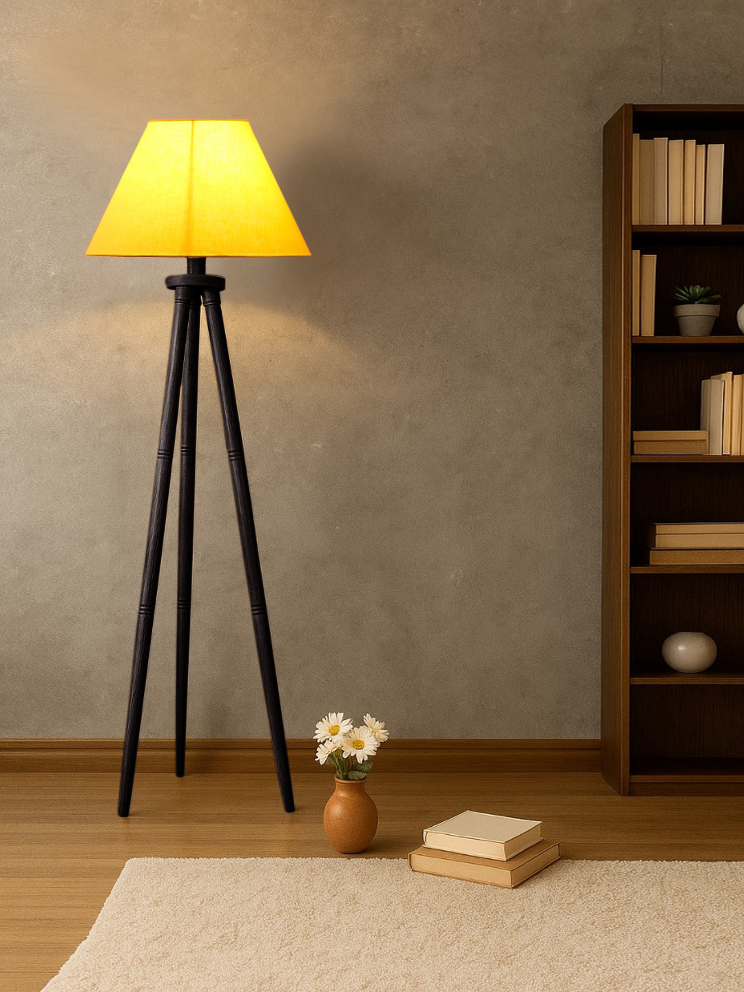 Ambika Home Designer Yellow Wooden Tripod Floor Light for Living Space & Hotels | E27 Holder Included Bulb - Image 2