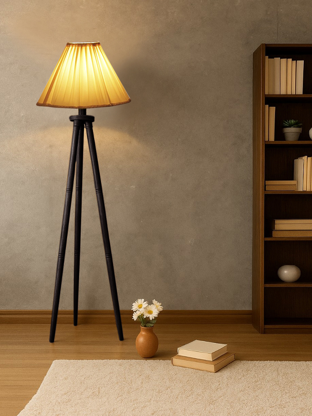 Ambika Home Designer Off-white Wooden Tripod Floor Light for Living Space & Hotels | E27 Holder Included Bulb - Image 2