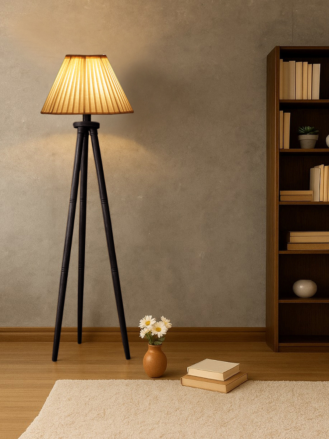Ambika Home Off-white Shade Wooden Tripod Floor Lamp for Living Room, Bedroom & Hotel Decor | E27 Holder Included Bulb - Image 2