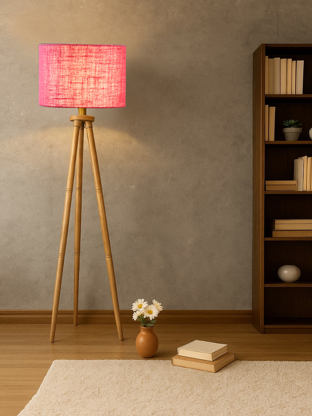 Pink Jute Drum Shade Wooden Tripod Floor Lamp for Living Room, Bedroom & Hotel Decor | Modern Standing Lamp with Natural Wood Base, E27 Holder, Ambient Lighting & Premium Home Decor - Image 3